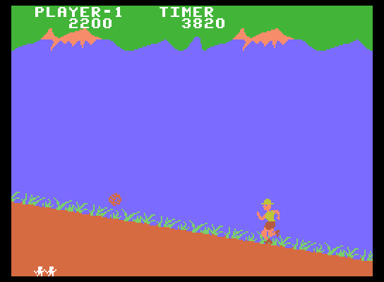 Jungle Hunt ColecoVision Screenshot: Time to dodge bouncing boulders.