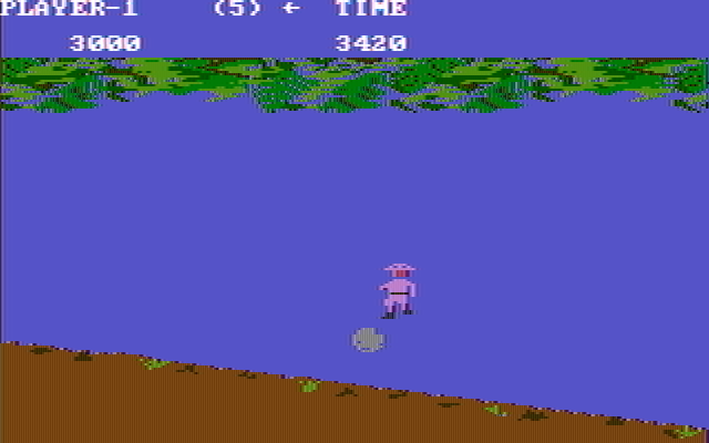Jungle Hunt IBM PC/Compatibles Screenshot: Jumping over a large boulder...