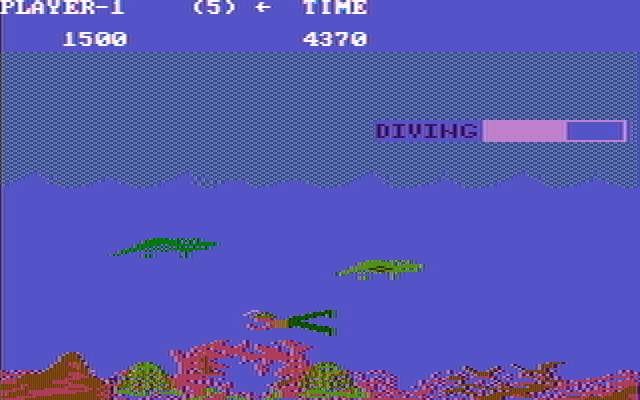 Jungle Hunt IBM PC/Compatibles Screenshot: Avoid crocodiles when swimming!
