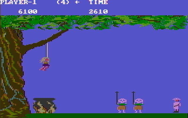 Jungle Hunt IBM PC/Compatibles Screenshot: Jump over the natives to rescue the girl.