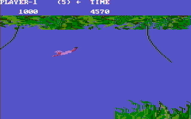 Jungle Hunt IBM PC/Compatibles Screenshot: Jumping into the river at the end of the vine sequence...