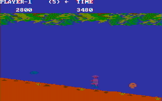 Jungle Hunt IBM PC/Compatibles Screenshot: Jumping over some bouncing boulders.
