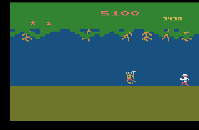 Jungle Hunt Atari 2600 Screenshot: The natives appear one at a time instead of as a pair in the Atari 2600 version.