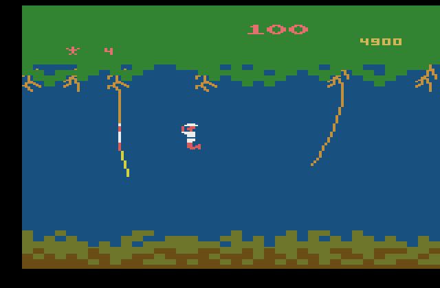 Jungle Hunt Atari 2600 Screenshot: Leaping to another vine...