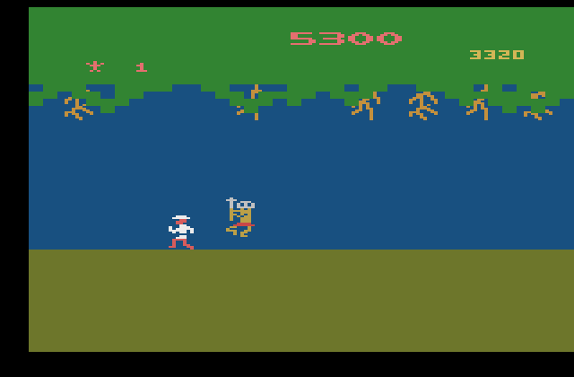 Jungle Hunt Atari 2600 Screenshot: Past the first native, now run!