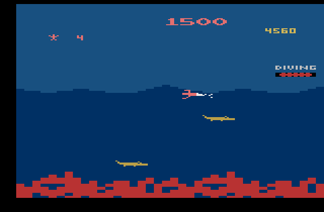Jungle Hunt Atari 2600 Screenshot: You occasionally need to swim to the surface for some air...