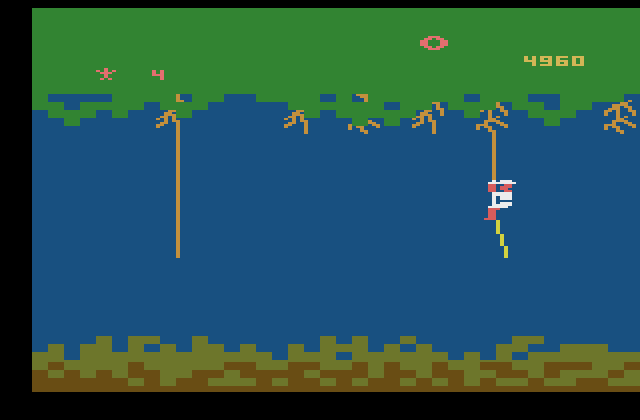 Jungle Hunt Atari 2600 Screenshot: The game begins in the jungle.