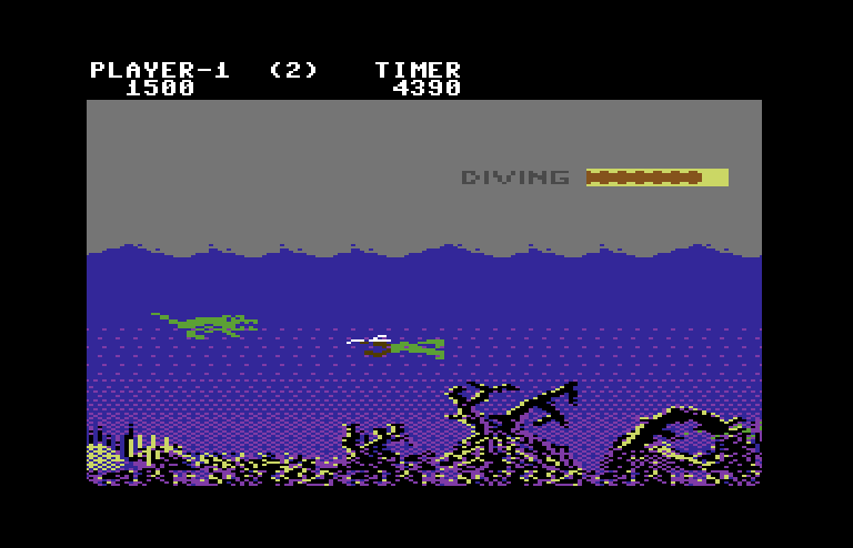 Jungle Hunt Commodore 64 Screenshot: Swimming in jungle rivers...