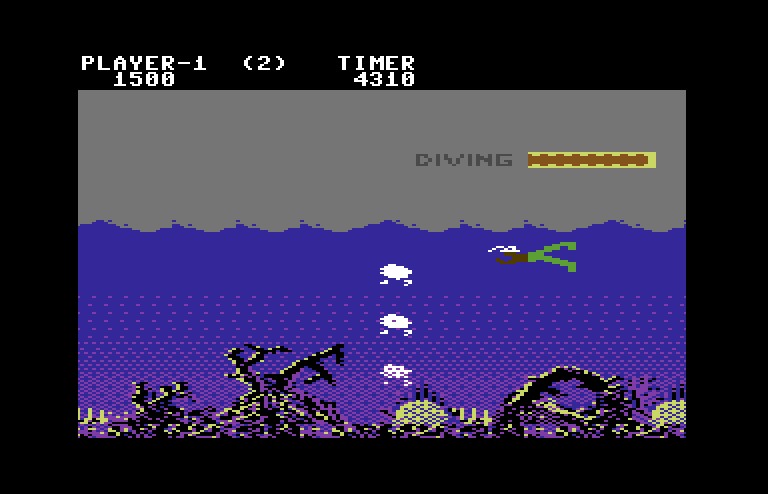 Jungle Hunt Commodore 64 Screenshot: Don't get trapped by the air bubbles!