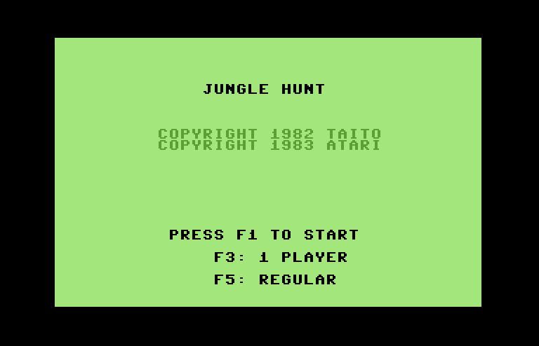Jungle Hunt Commodore 64 Screenshot: Title screen and game options.