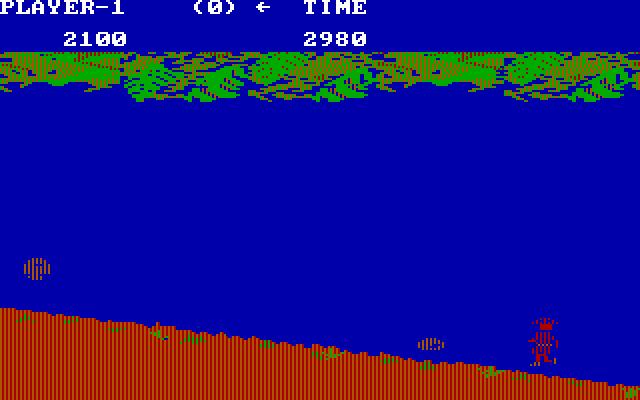 Jungle Hunt IBM PC/Compatibles Screenshot: Jumping over falling rocks...