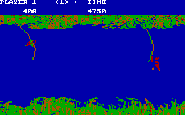 Jungle Hunt IBM PC/Compatibles Screenshot: On more difficult levels monkeys are on the vines to get in your way.