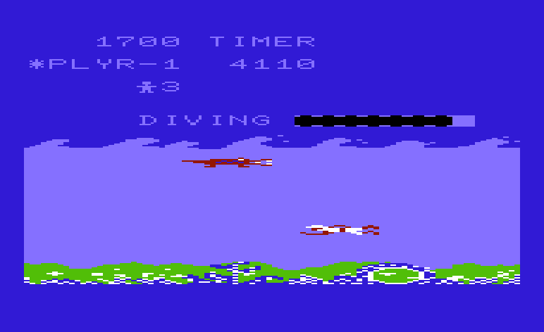 Jungle Hunt Commodore VIC-20 Screenshot: Swimming in dangerous waters.