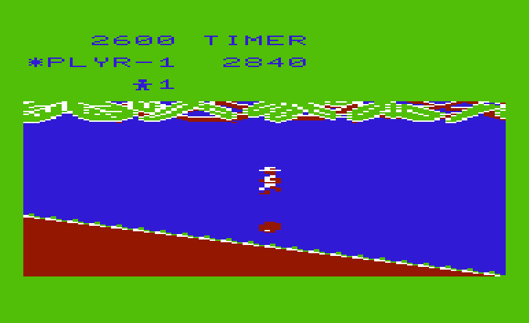 Jungle Hunt Commodore VIC-20 Screenshot: Jumping over a rock.