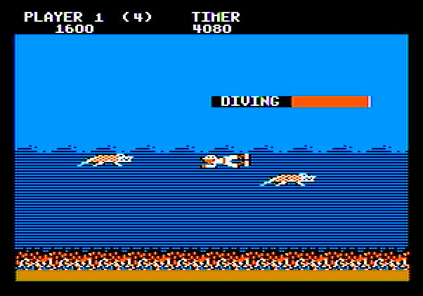 Jungle Hunt Apple II Screenshot: Diving...Avoid the many dangers below water!