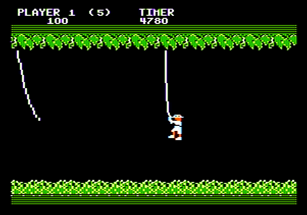 Jungle Hunt Apple II Screenshot: Swinging from vines...
