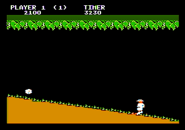 Jungle Hunt Apple II Screenshot: Time to jump over some rocks...