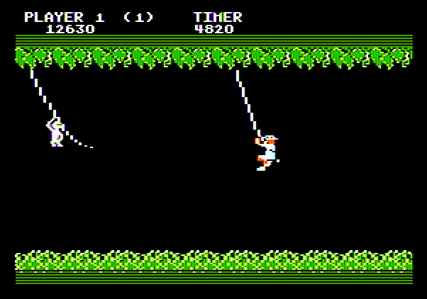 Jungle Hunt Apple II Screenshot: Monkeys get in the way on more difficult levels.