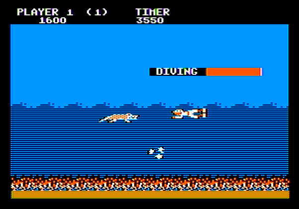 Jungle Hunt Apple II Screenshot: Don't get caught in the bubbles or you are stuck until they float to the surface.