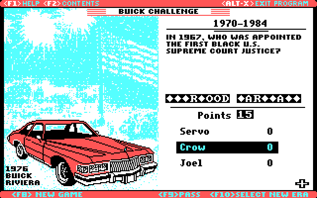 Great American Road belongs to Buick, The IBM PC/Compatibles Screenshot: Just a few letters left...what's the answer?