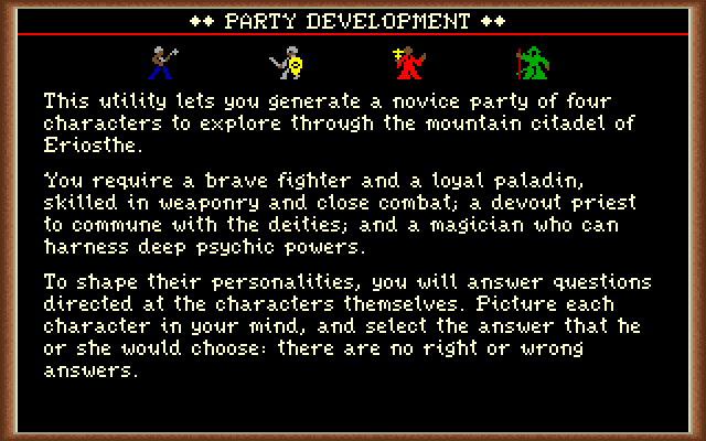 Dark Heart of Uukrul, The IBM PC/Compatibles Screenshot: About party development.