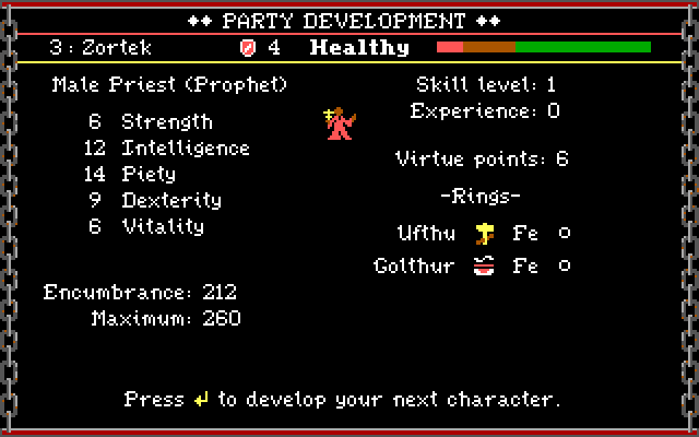 Dark Heart of Uukrul, The IBM PC/Compatibles Screenshot: Here's the stats for this character...