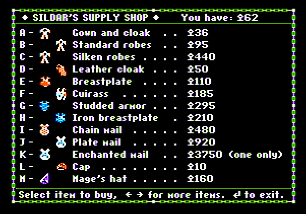 Dark Heart of Uukrul, The Apple II Screenshot: Buying items from a supply shop...