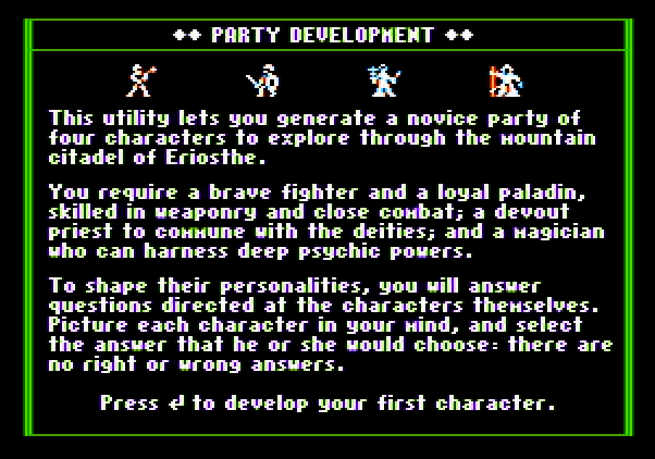 Dark Heart of Uukrul, The Apple II Screenshot: Ready to create your party?