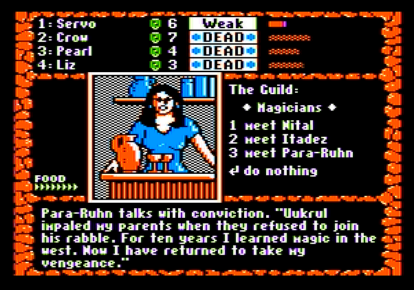 Dark Heart of Uukrul, The Apple II Screenshot: Talking with people at the guild.