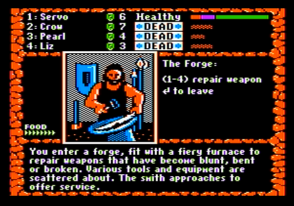 Dark Heart of Uukrul, The Apple II Screenshot: The forge can repair weapons...