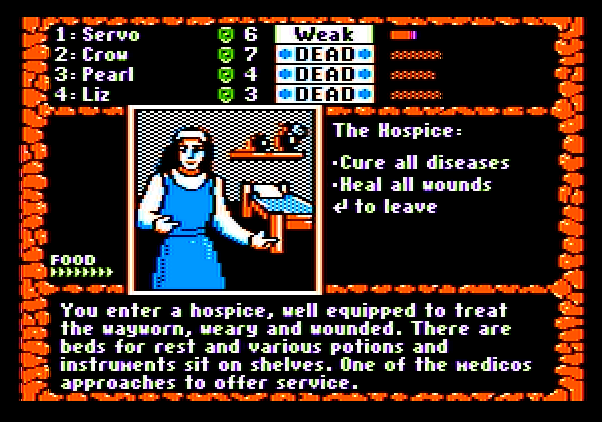 Dark Heart of Uukrul, The Apple II Screenshot: Care to heal at the hospice?