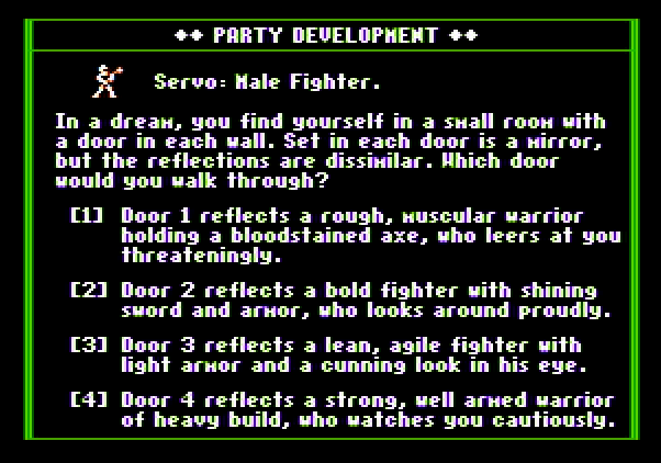 Dark Heart of Uukrul, The Apple II Screenshot: One of the questions the game asks for character generation.