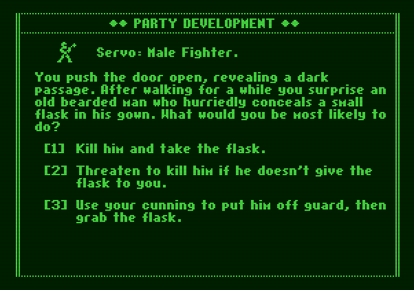 The Dark Heart of Uukrul Apple II Screenshot: One of the questions the game asks to generate a character.