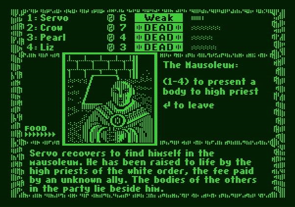 The Dark Heart of Uukrul Apple II Screenshot: Recovering at the mausoleum.