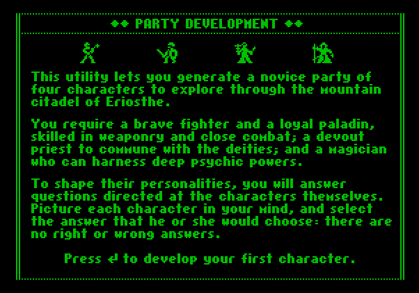 Dark Heart of Uukrul, The Apple II Screenshot: Ready to create a party?