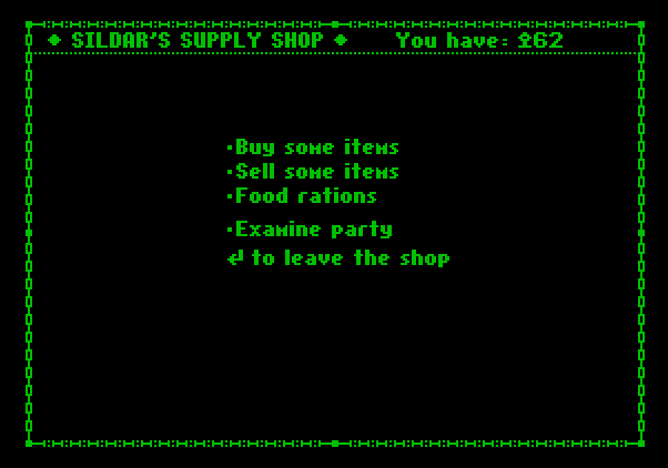 Dark Heart of Uukrul, The Apple II Screenshot: Supply shop; care to buy anything?