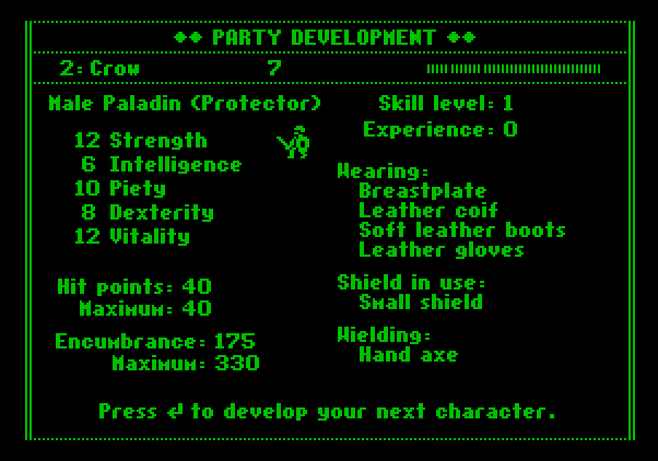 Dark Heart of Uukrul, The Apple II Screenshot: Character stats...