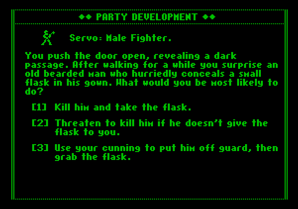 Dark Heart of Uukrul, The Apple II Screenshot: One of the questions the game asks to generate a character.