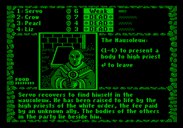 Dark Heart of Uukrul, The Apple II Screenshot: Recovering at the mausoleum.
