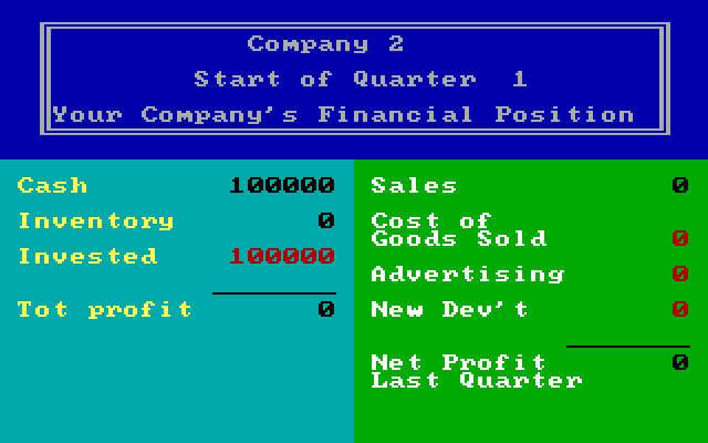 In the Chips IBM PC/Compatibles Screenshot: Beginning the game; looking at some stats.