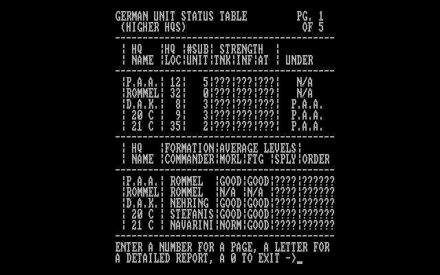 Rommel at El Alamein IBM PC/Compatibles Screenshot: German unit status table.