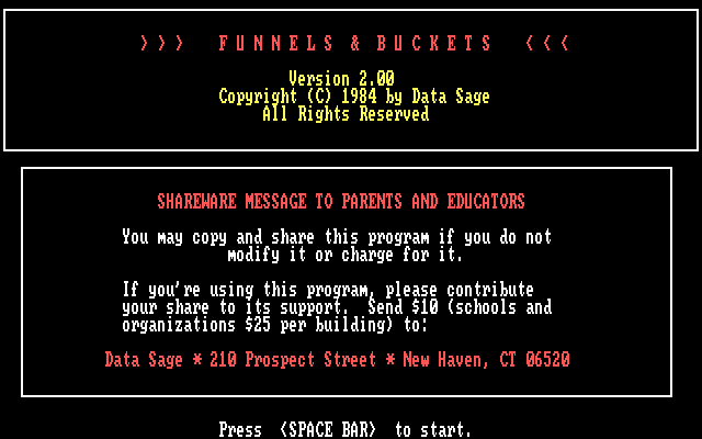 Funnels & Buckets IBM PC/Compatibles Screenshot: Title screen 1.