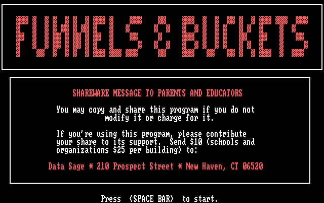 Funnels & Buckets IBM PC/Compatibles Screenshot: Title screen 2.