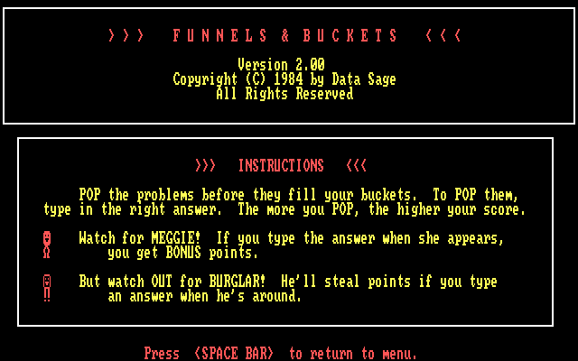 Funnels & Buckets IBM PC/Compatibles Screenshot: Game instructions.