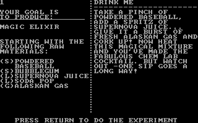 Chem Lab IBM PC/Compatibles Screenshot: Another experiment overview.