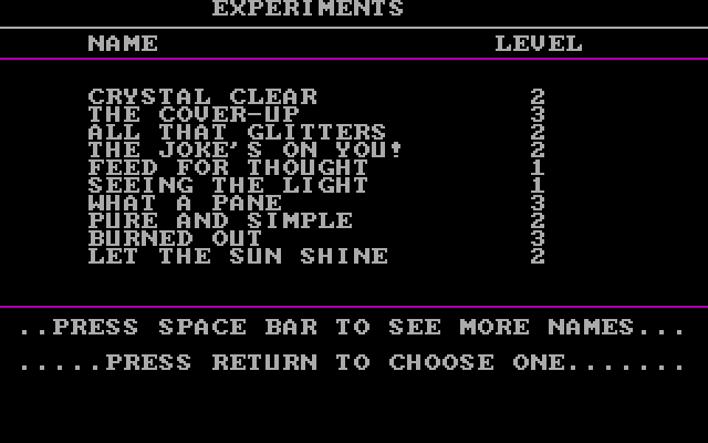 Chem Lab IBM PC/Compatibles Screenshot: The main menu; choose an experiment.