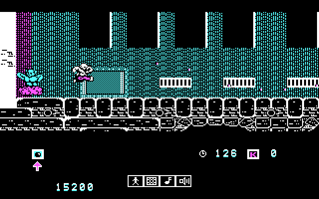 Karnov IBM PC/Compatibles Screenshot: Jumping through the air.