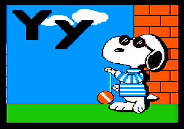 Charlie Brown's ABC's Apple II Screenshot: Snoopy demonstrates the yo-yo.