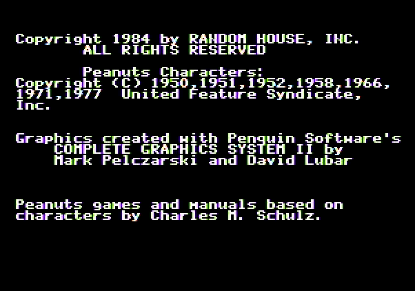 Charlie Brown's ABC's Apple II Screenshot: Copyright information.