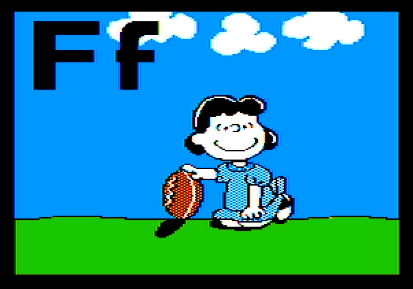 Charlie Brown's ABC's Apple II Screenshot: Lucy holds the football...